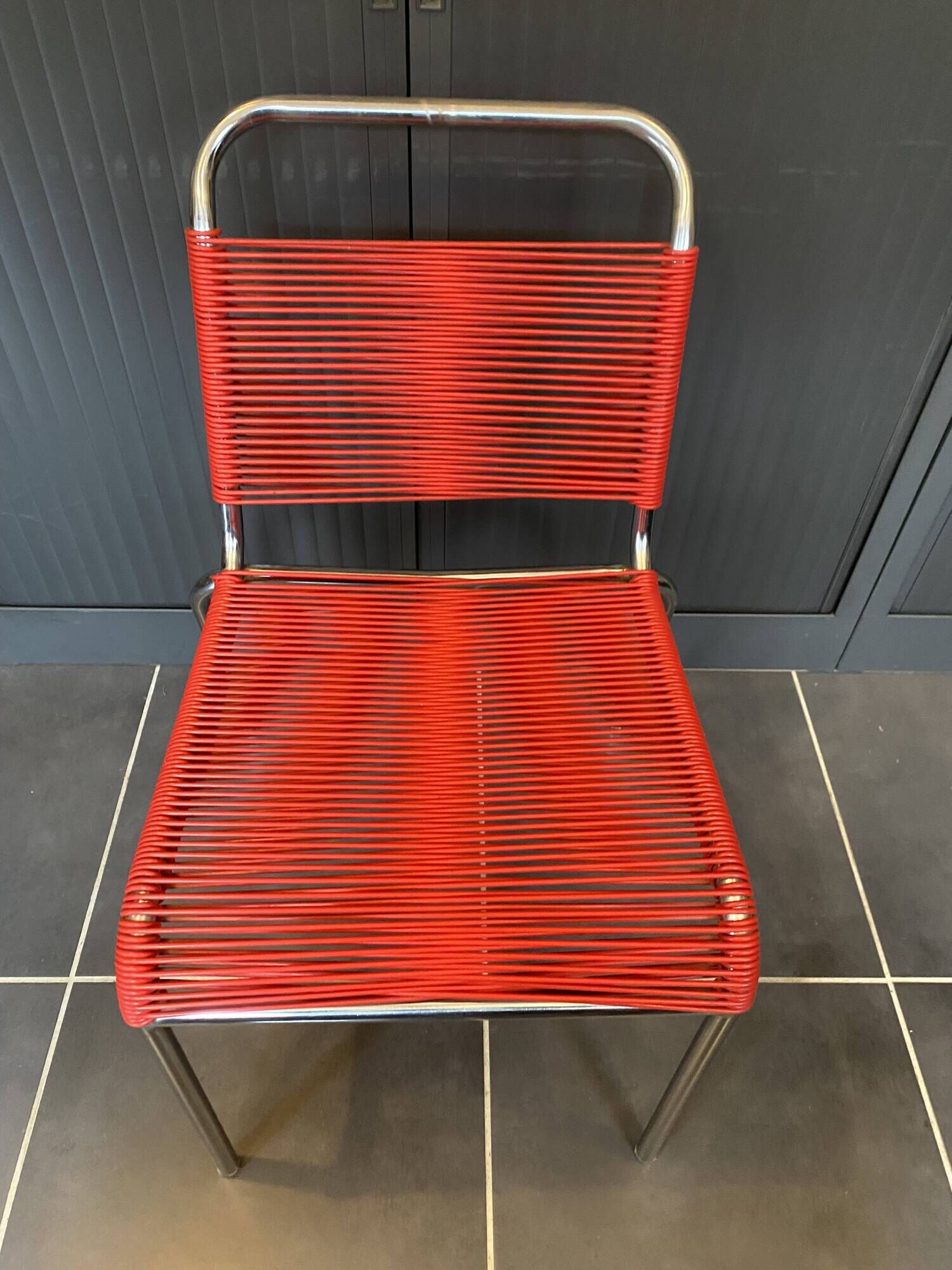 Scoubidou chair or vintage 1960 red chrome spaghetti chair