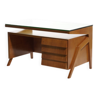 Mid-century Gio Ponti desk / Italian desk with a wooden and glass top