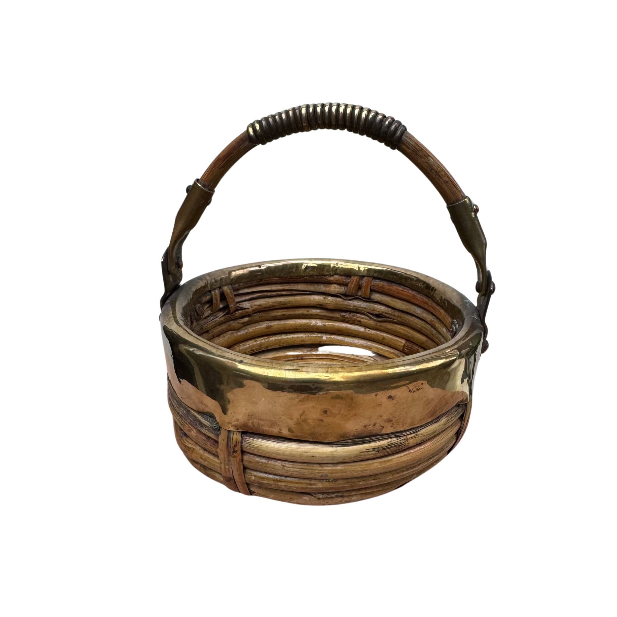 Rattan & Brass Handled Basket | Round Handle Basket | Italy 1970s