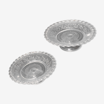 Duo of molded glass display cups, arabesque décor