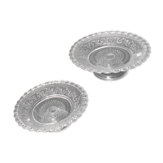 Duo of molded glass display cups, arabesque décor