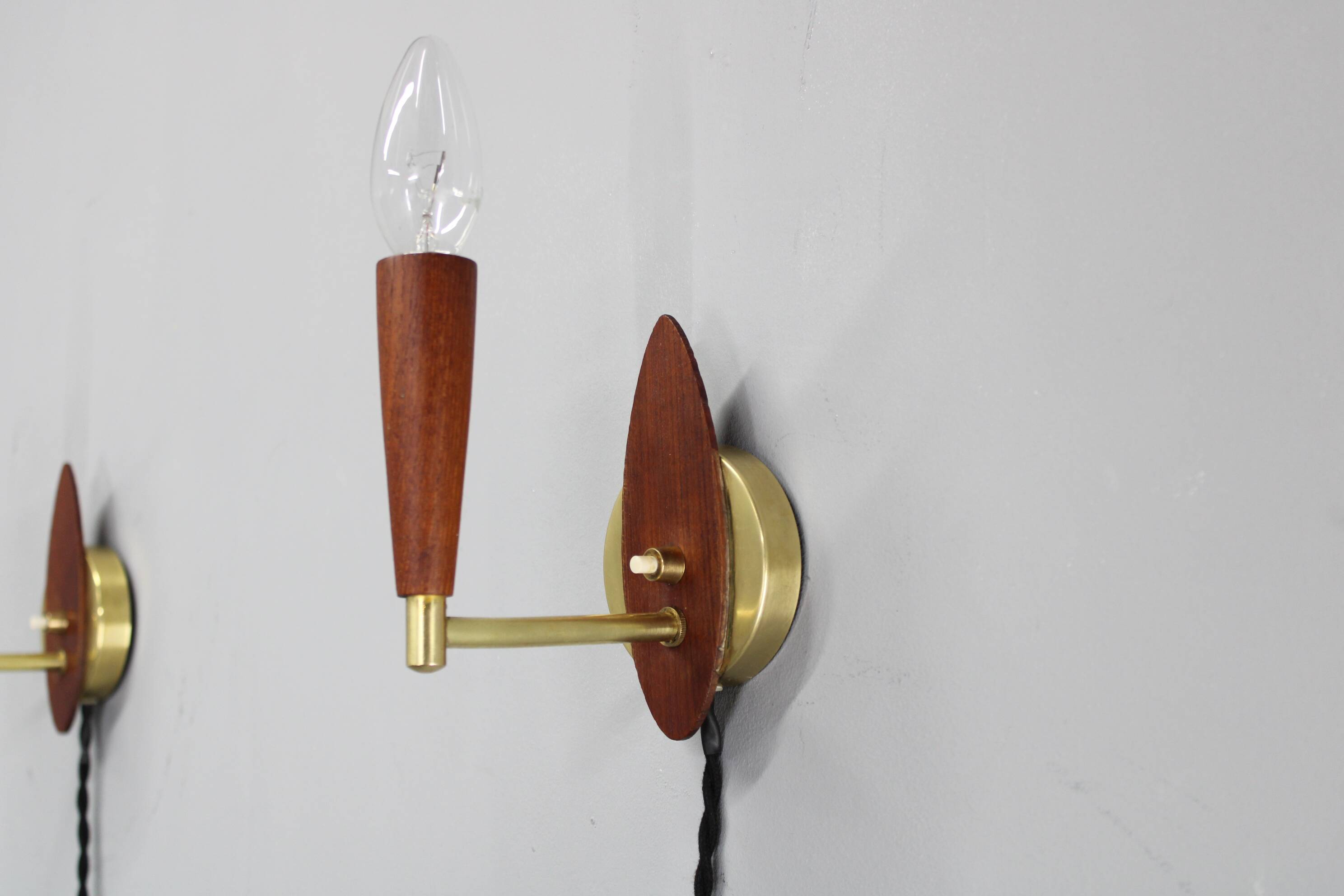 Mid-century Danish teak and brass wall lights, pair, 1960s