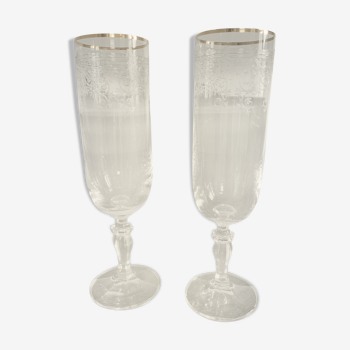 Duo de flûtes à champagne cristal ciselé et doré