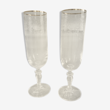 Duo of champagne flutes crystal chiseled and gilded