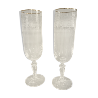 Duo of champagne flutes crystal chiseled and gilded