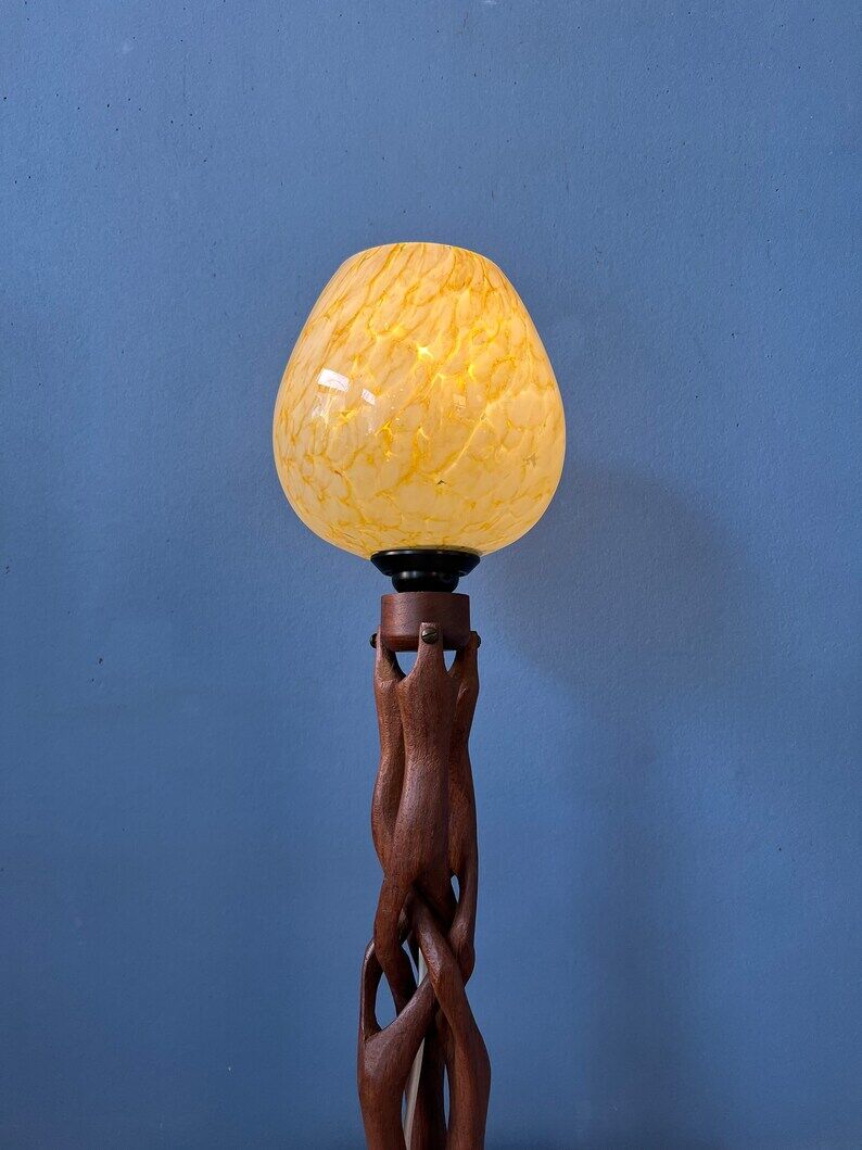 Hand-carved wooden table lamp with art deco lampshade