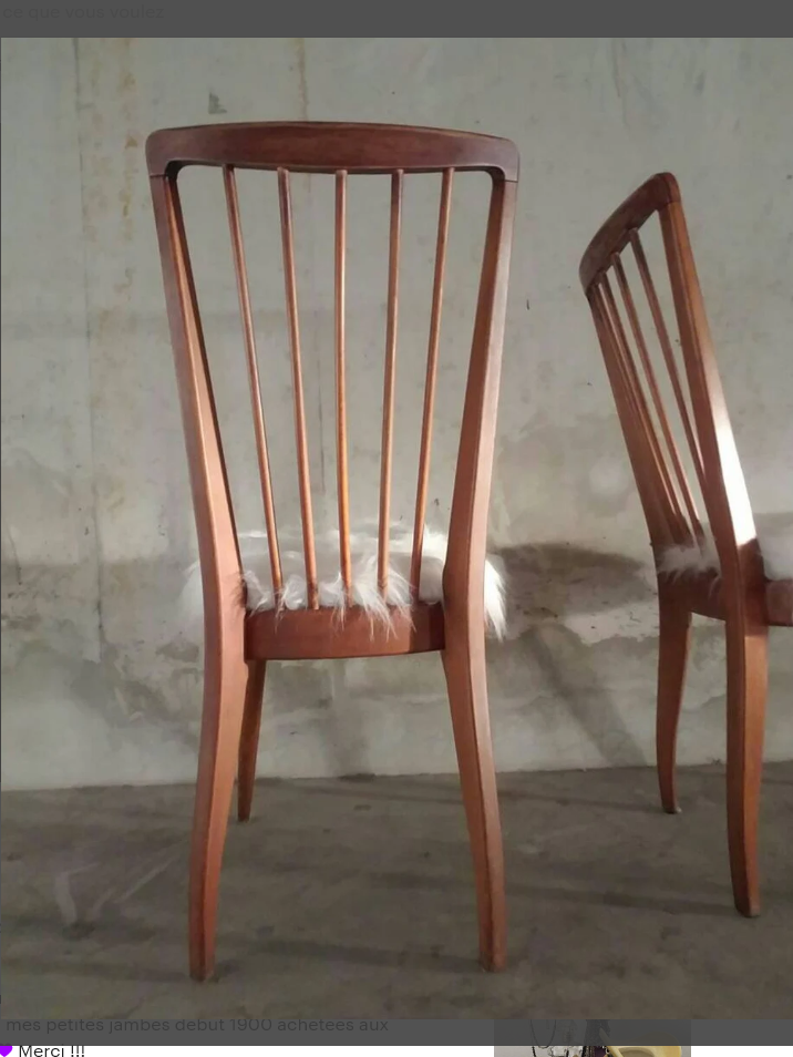Pair of vintage Scandinavian Hygge chairs in solid wood and synthetic Mongolian sheepskin seat