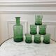 Set of a decanter and 6 glasses colored green bottle 70s