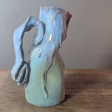 Brutalist jug numbered 52 in turquoise and blue painted terracotta