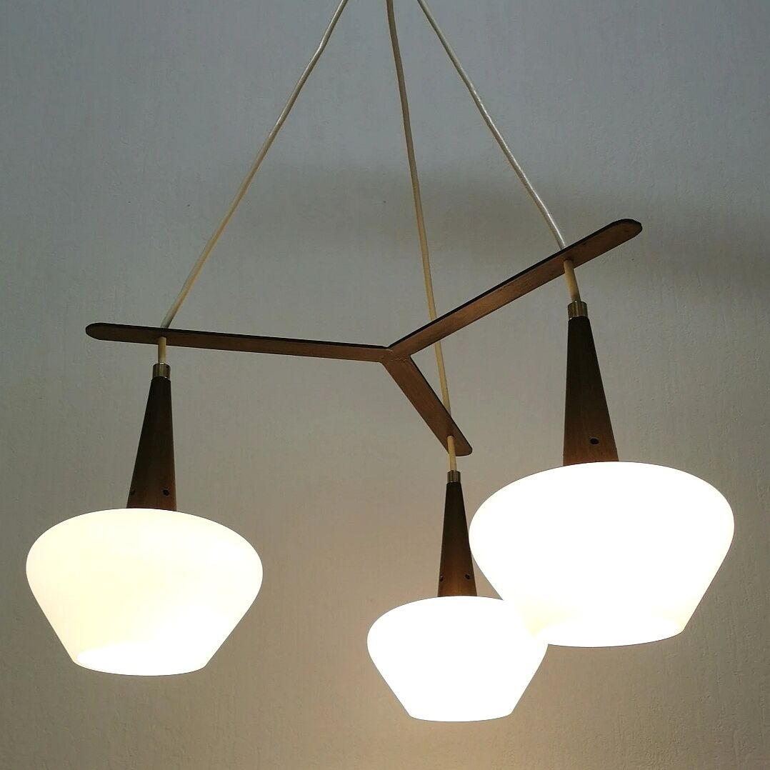 Scandinavian metal and opaline glass pendant lamp, 1950