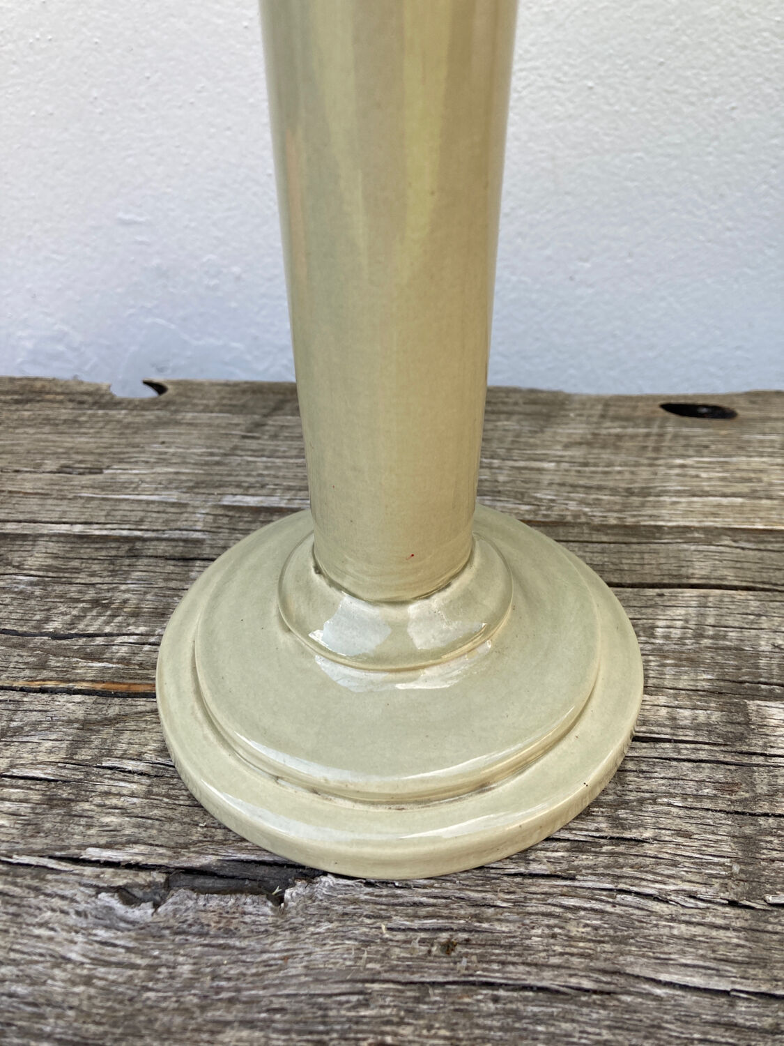Beige ceramic lamp and iridescent white lampshade