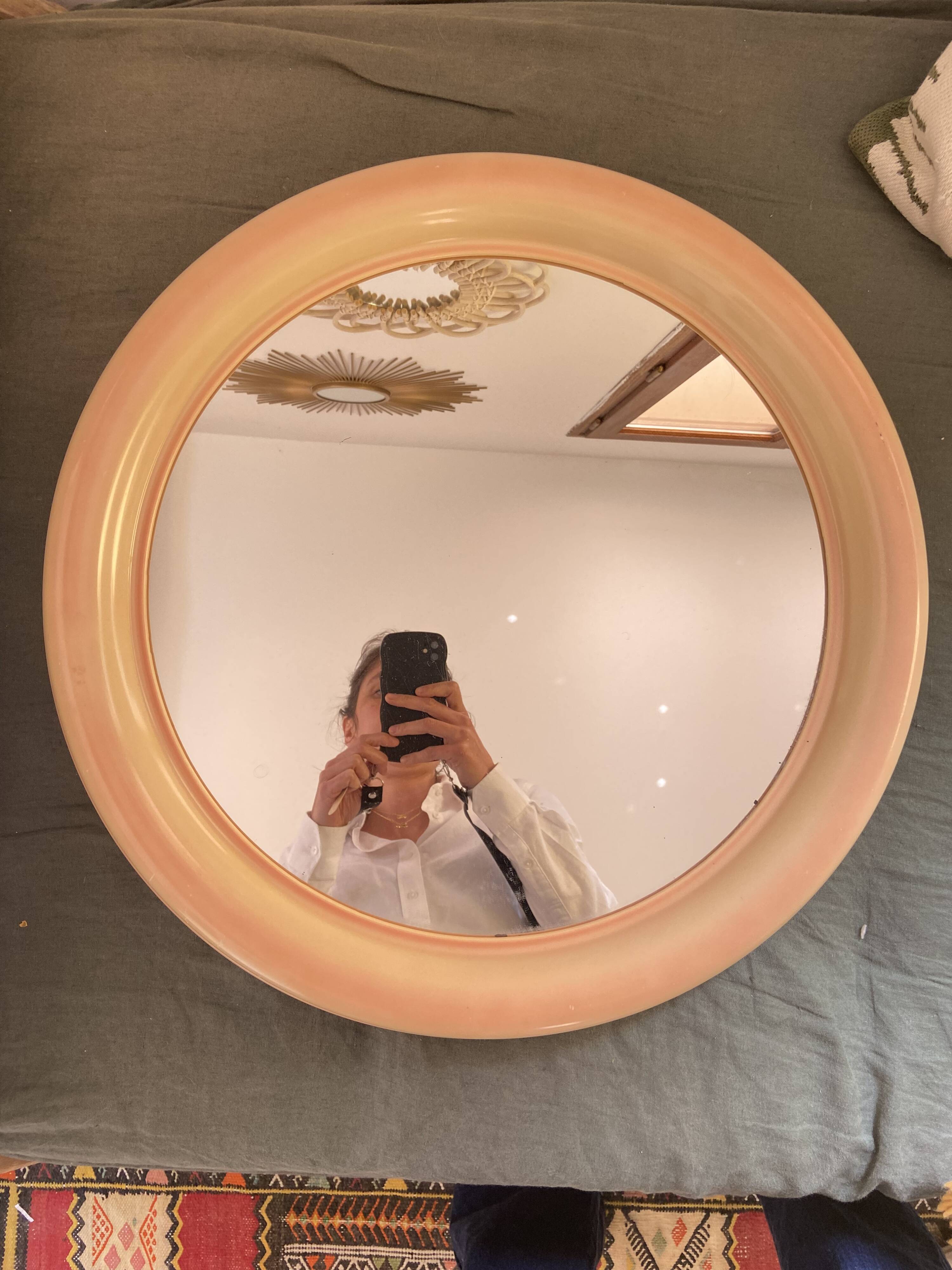 Round Beige and Coral Plastic Wall Mirror from the 70s-80s