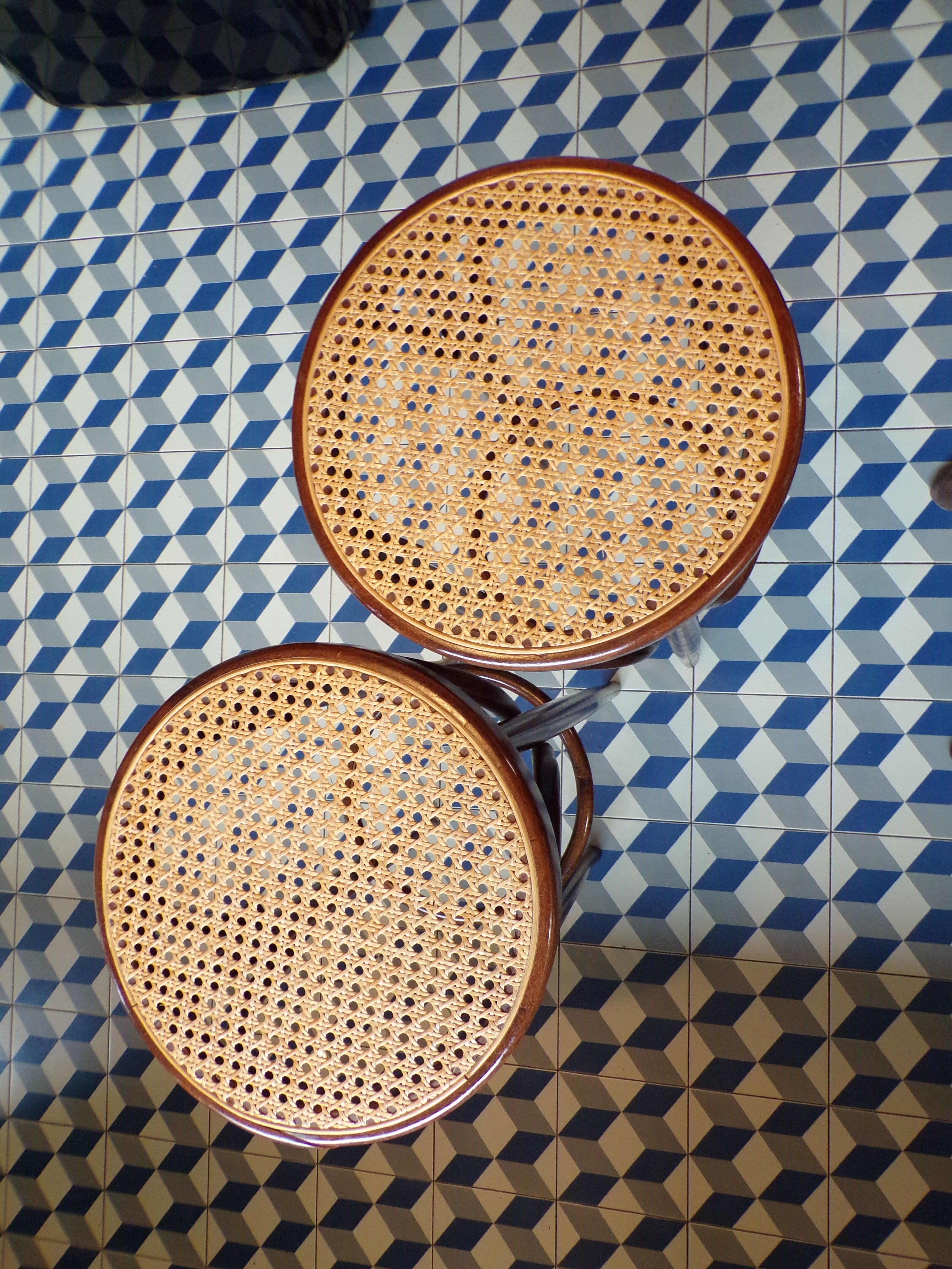 Pair of curved wooden cannese bar stools