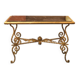 Wrought iron and veined marble coffee table, 1940s-50s