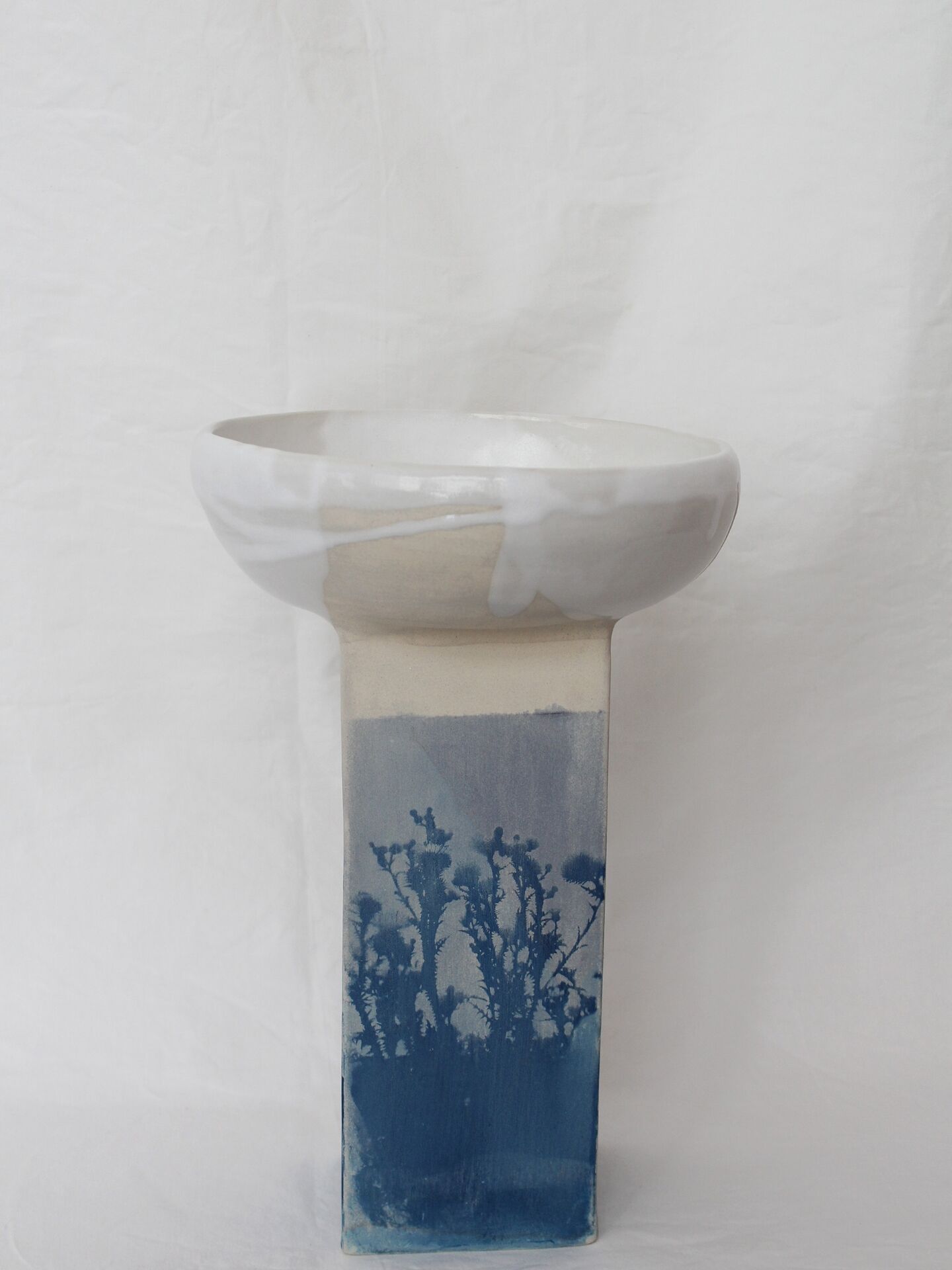 Ceramic piece decorated with cyanotype