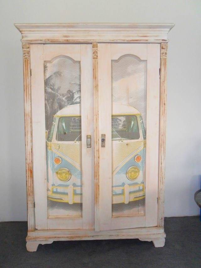 Vintage blonde wood wardrobe painted in antique white, doors decorated with Volkswagen Samba, unique piece.