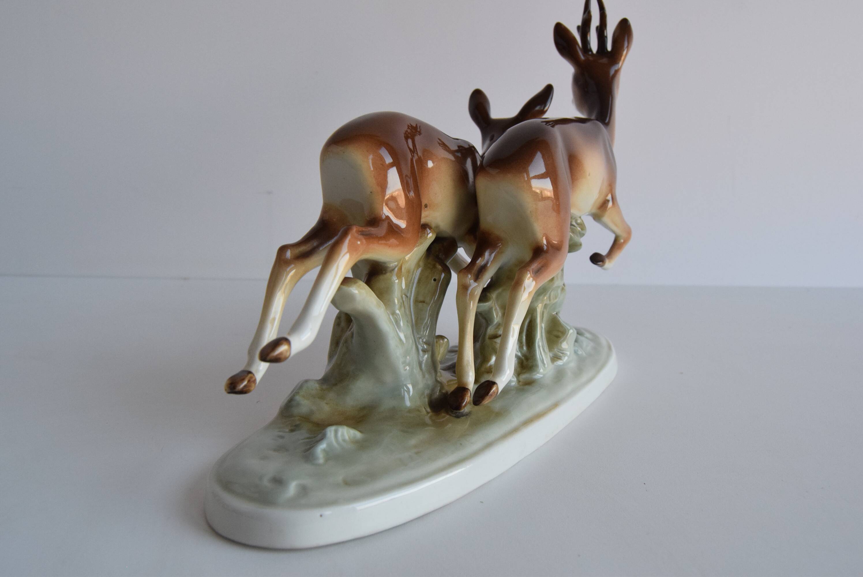 Vintage Porcelain Sculpture Roe Deer and Doe, by Royal Dux, 1960's.