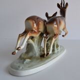 Vintage Porcelain Sculpture Roe Deer and Doe, by Royal Dux, 1960's.