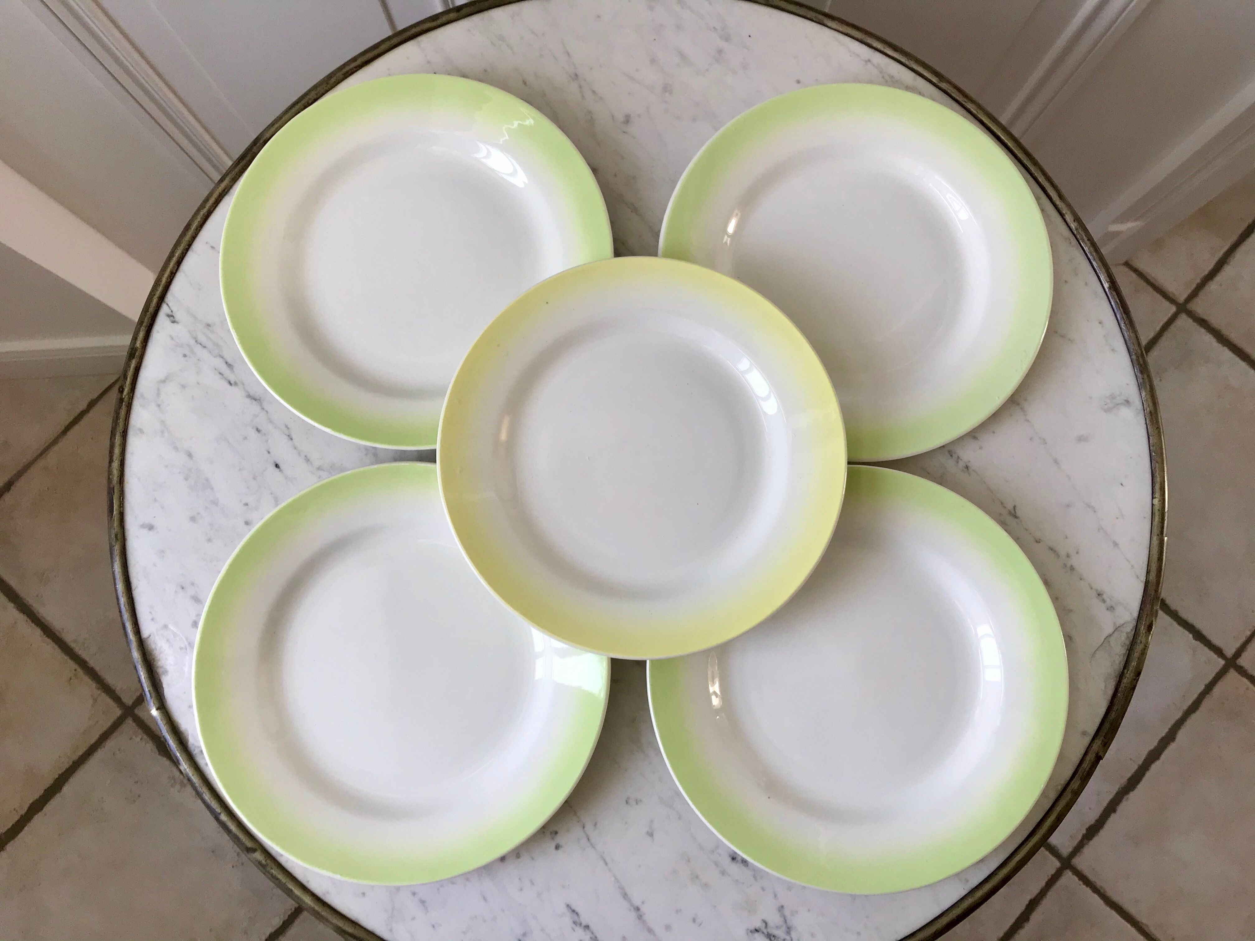 set of 5 dessert plates Digoin green and light yellow gradient pastel years 40-50