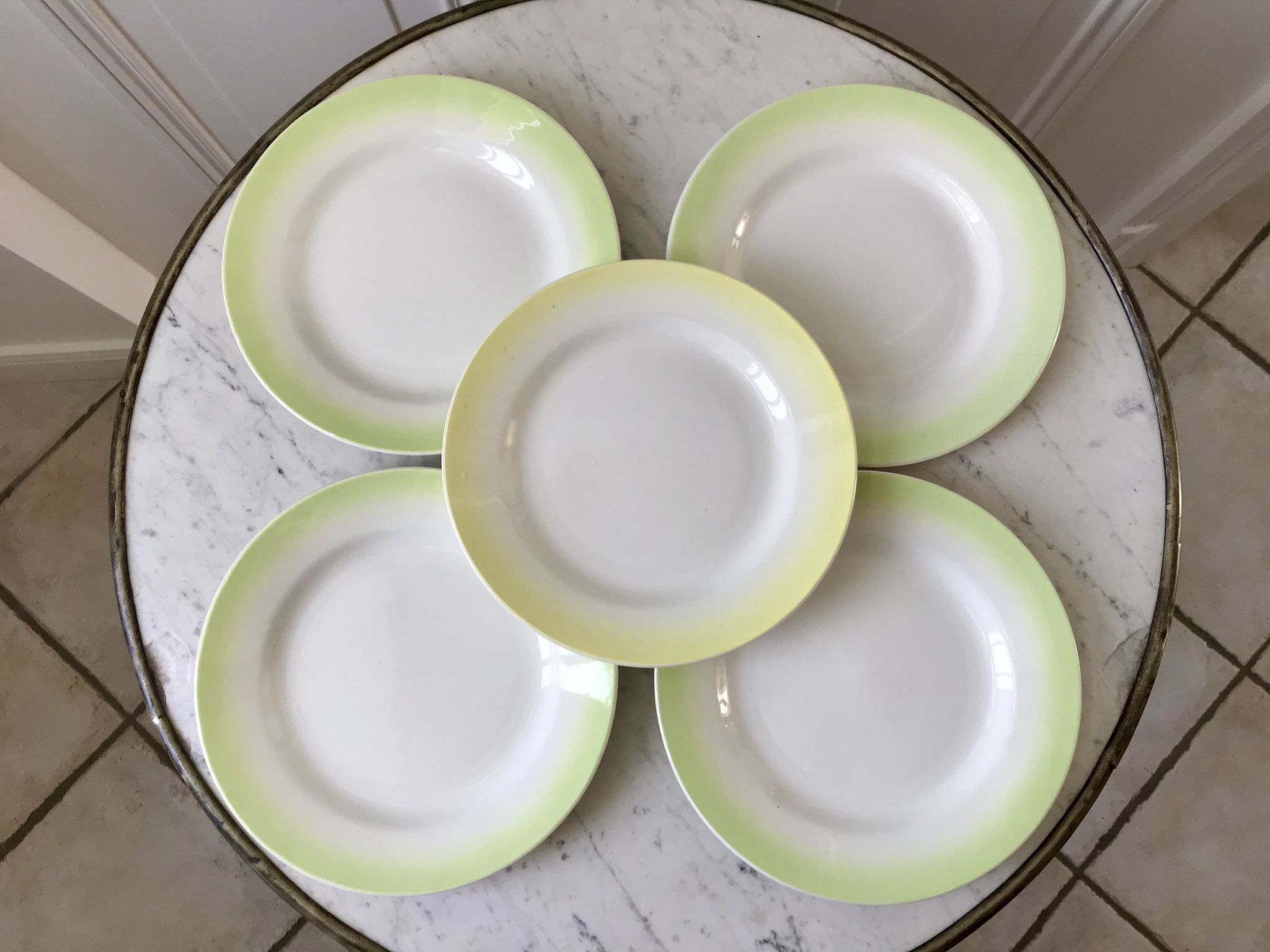 set of 5 dessert plates Digoin green and light yellow gradient pastel years 40-50