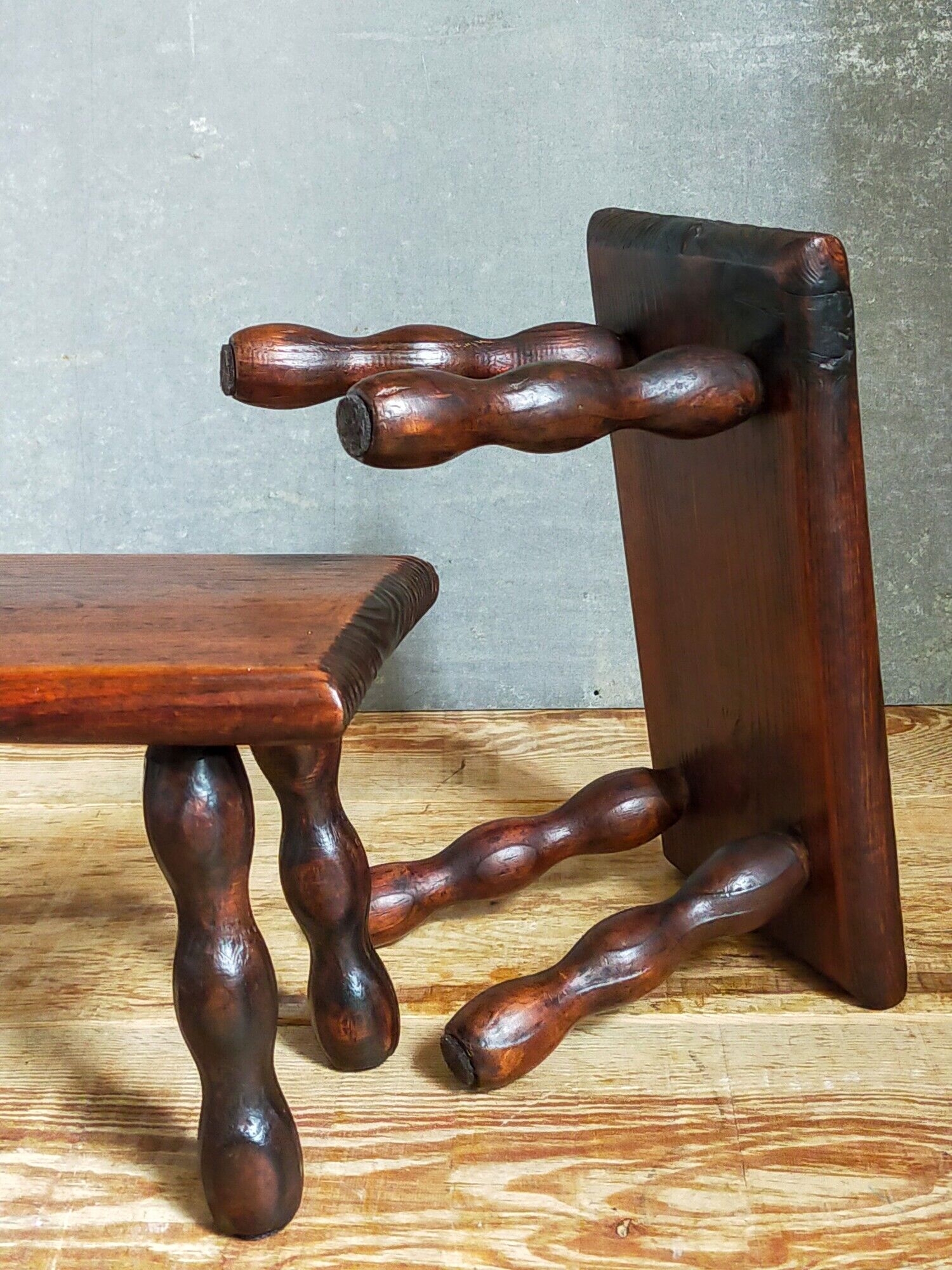 Pair of vintage solid turned wood footstools
