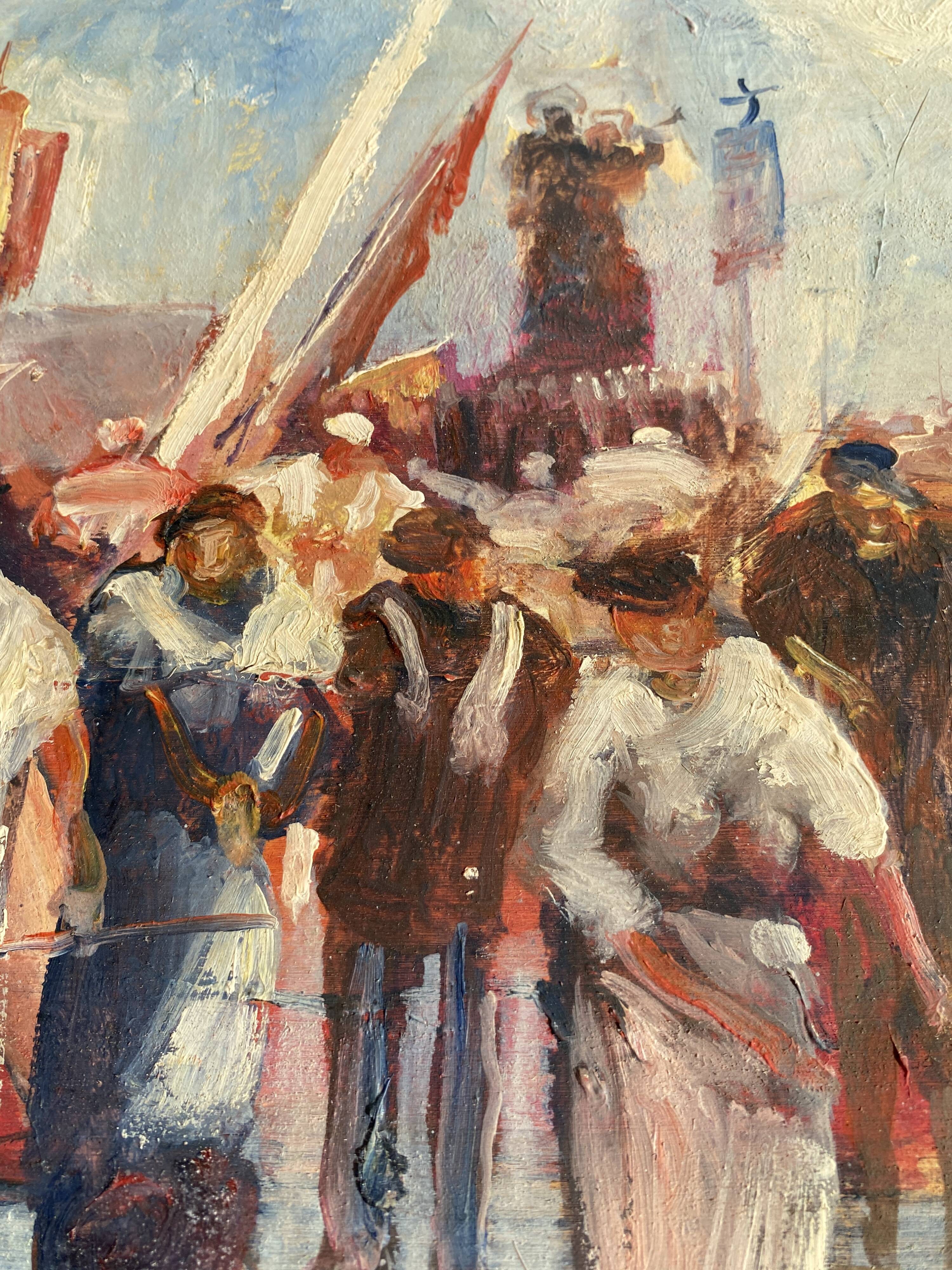 Oil painting “Sicilian procession” 1960, wooden frame and glass