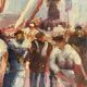 Huile « procession sicilienne « 1960, cadre bois et vitre
