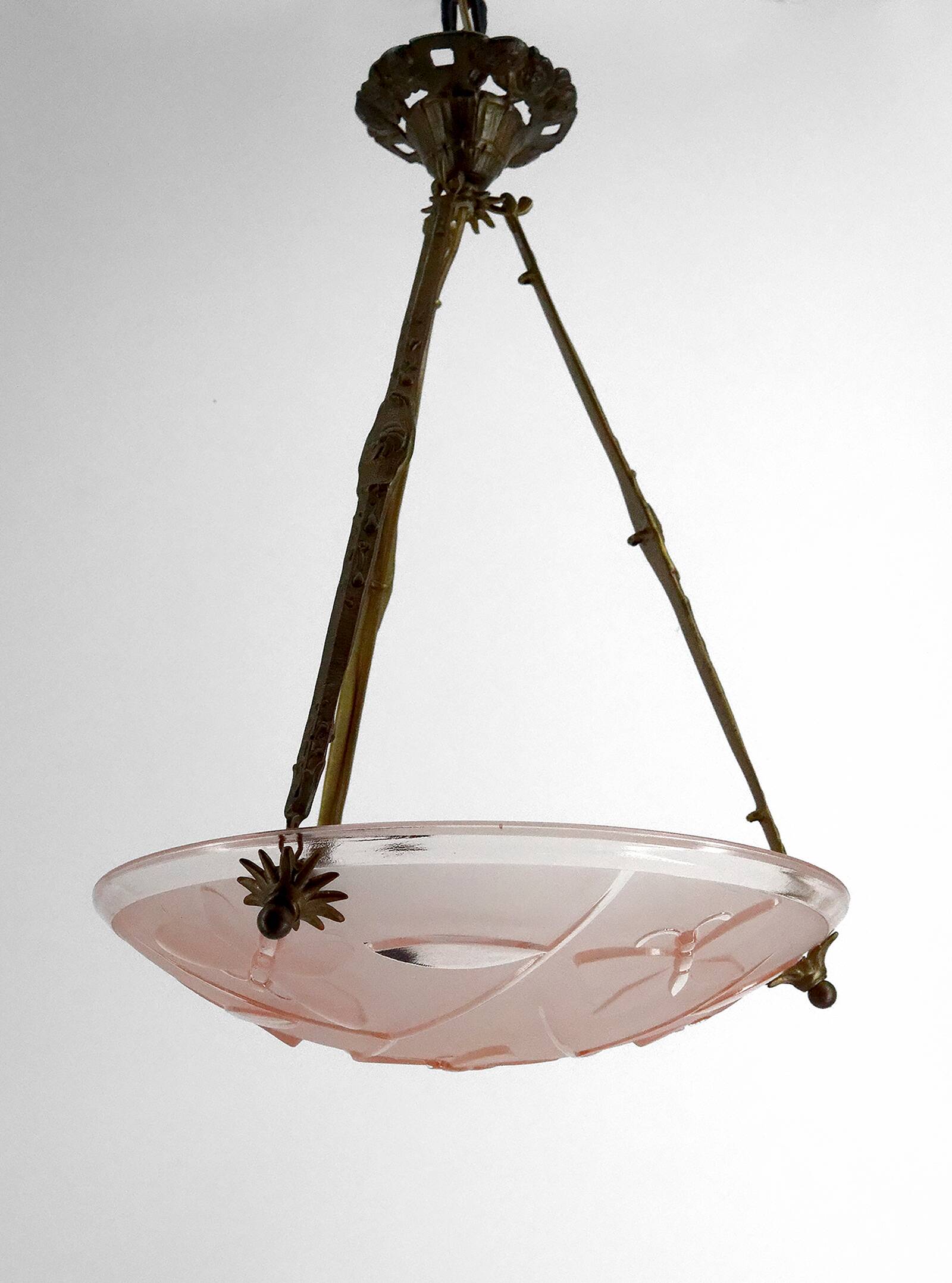 Bronze and glass pendant light with butterfly decoration, Degué, France, 1930