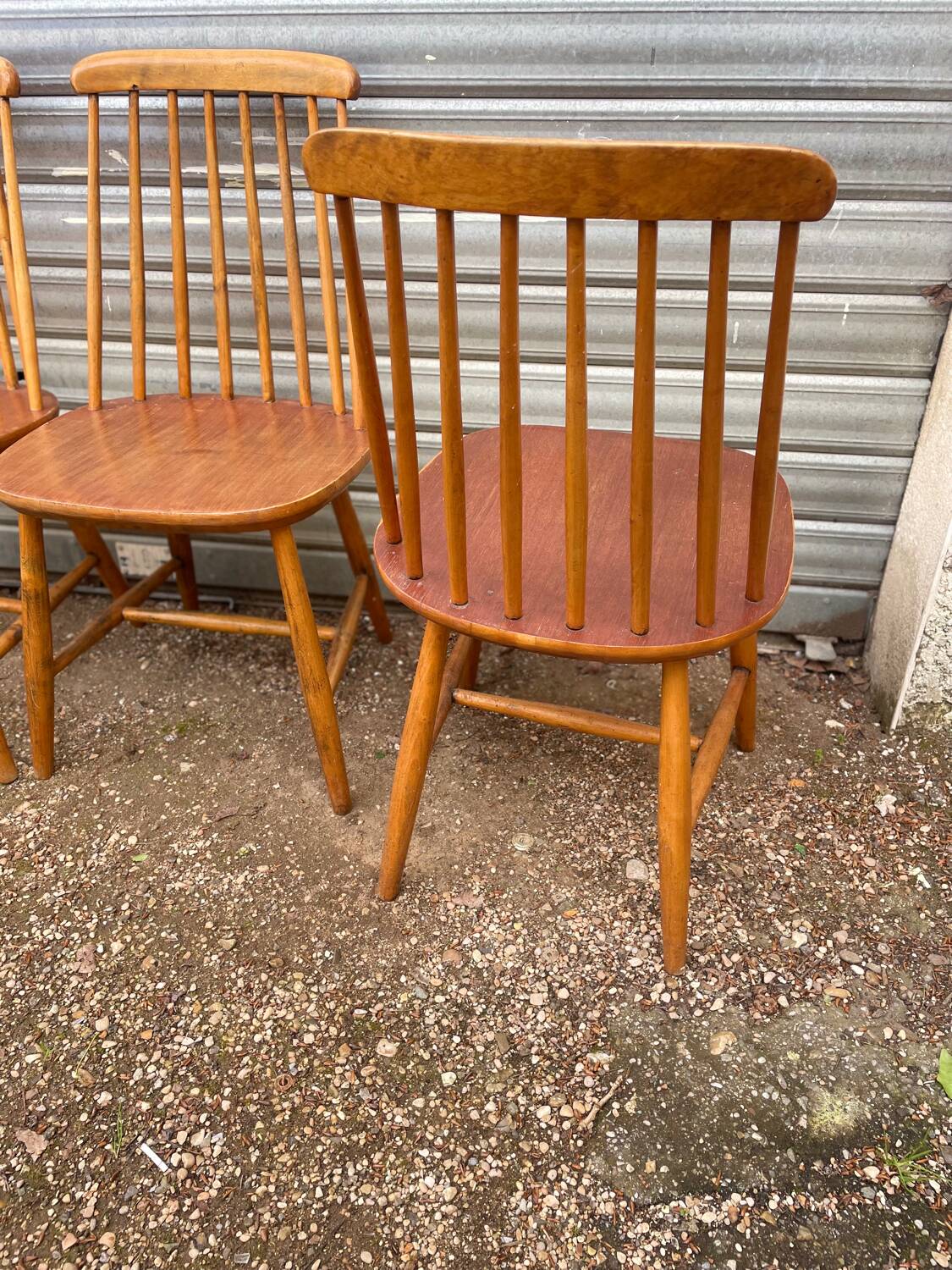 Set of 4 vintage beech chairs with teak seat