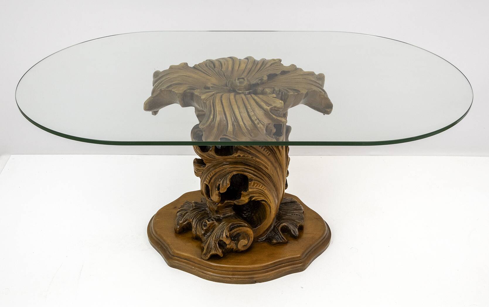 Mid-Century Modern Italian Carved Wood Base Large Curls and Leaves table