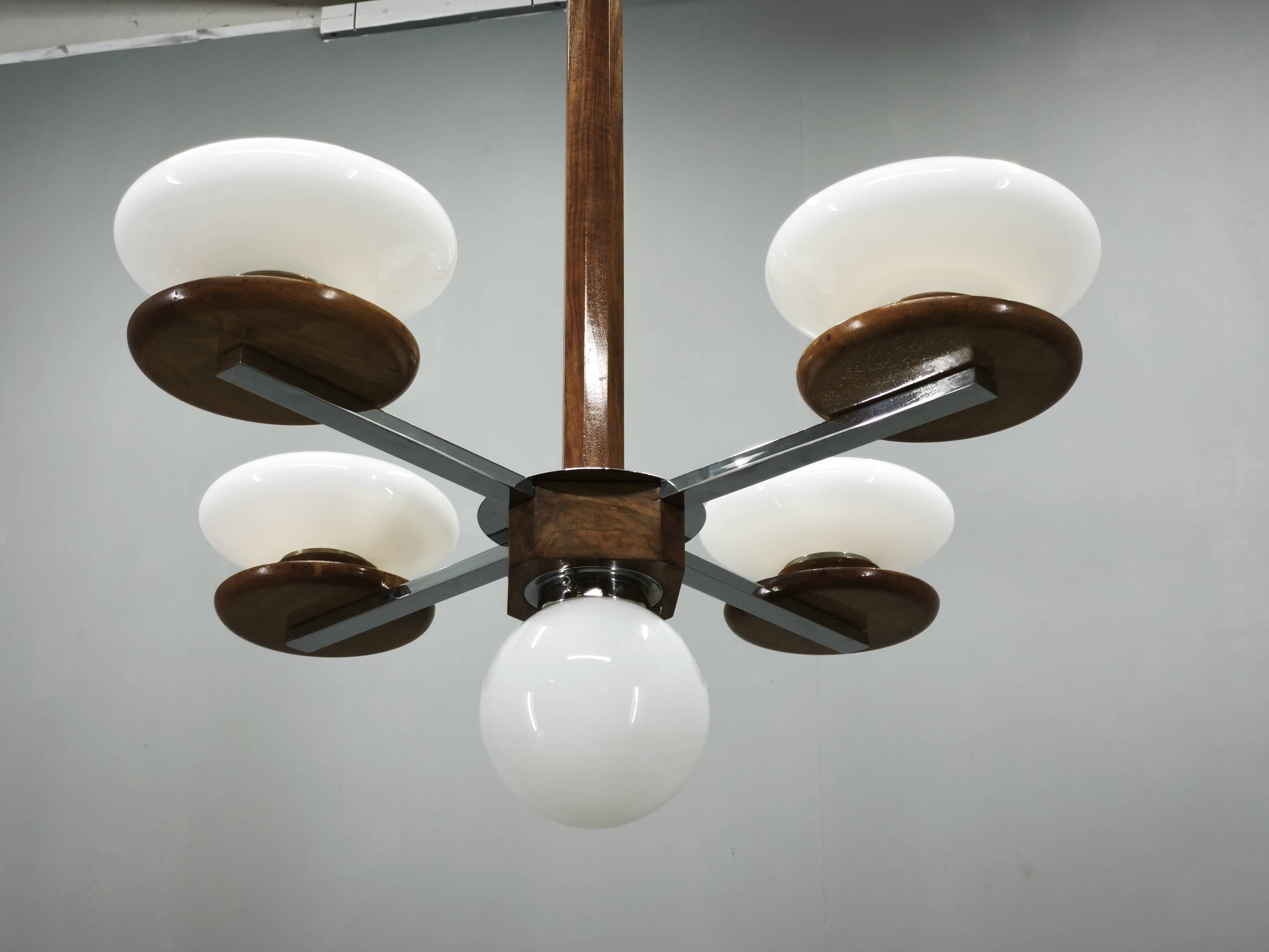 Czech Art Deco Walnut, Chrome and Opaline Glass Chandelier, 1930s