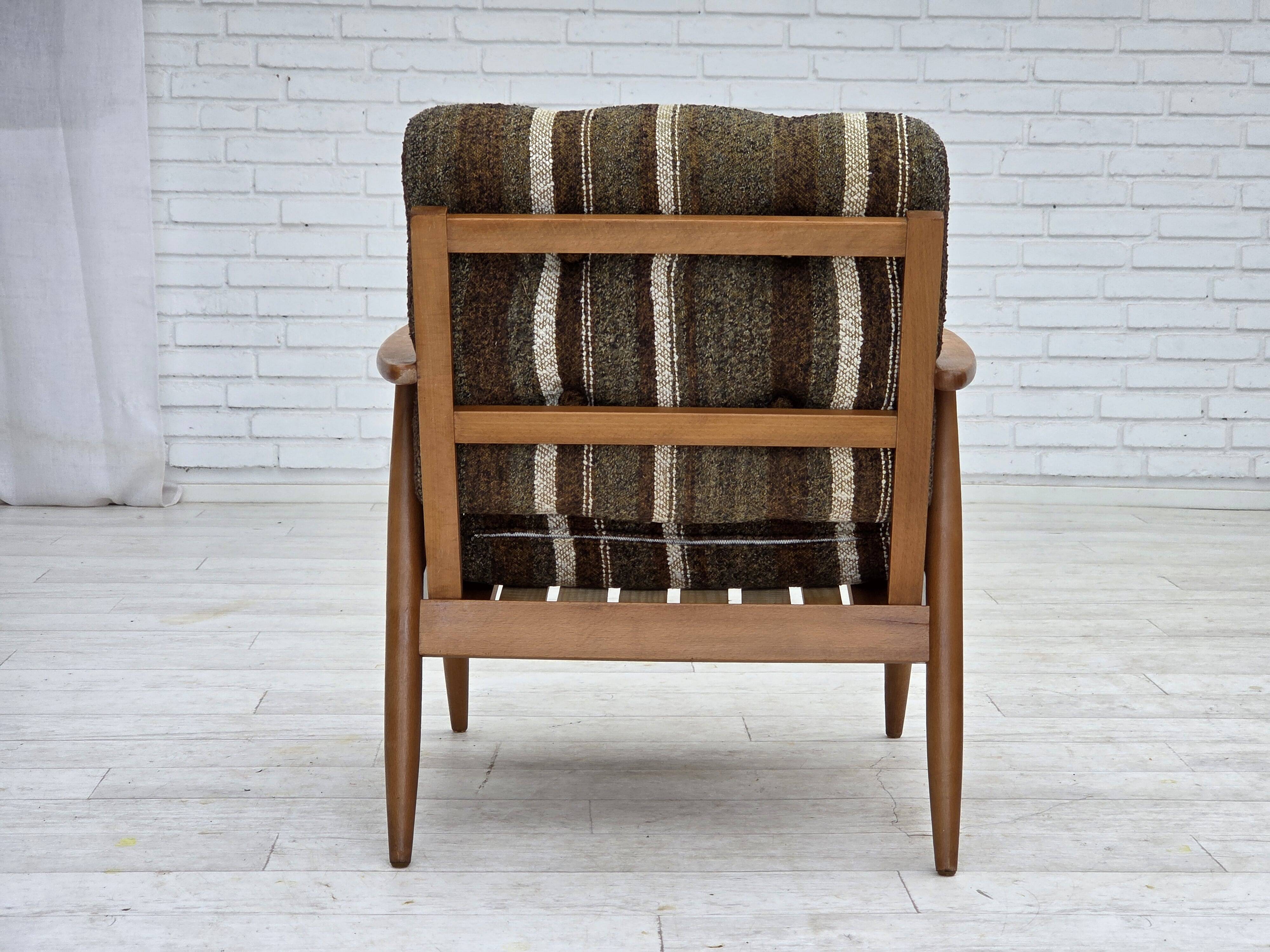 1970s, Danish armchair, beech wood, furniture wool fabric.