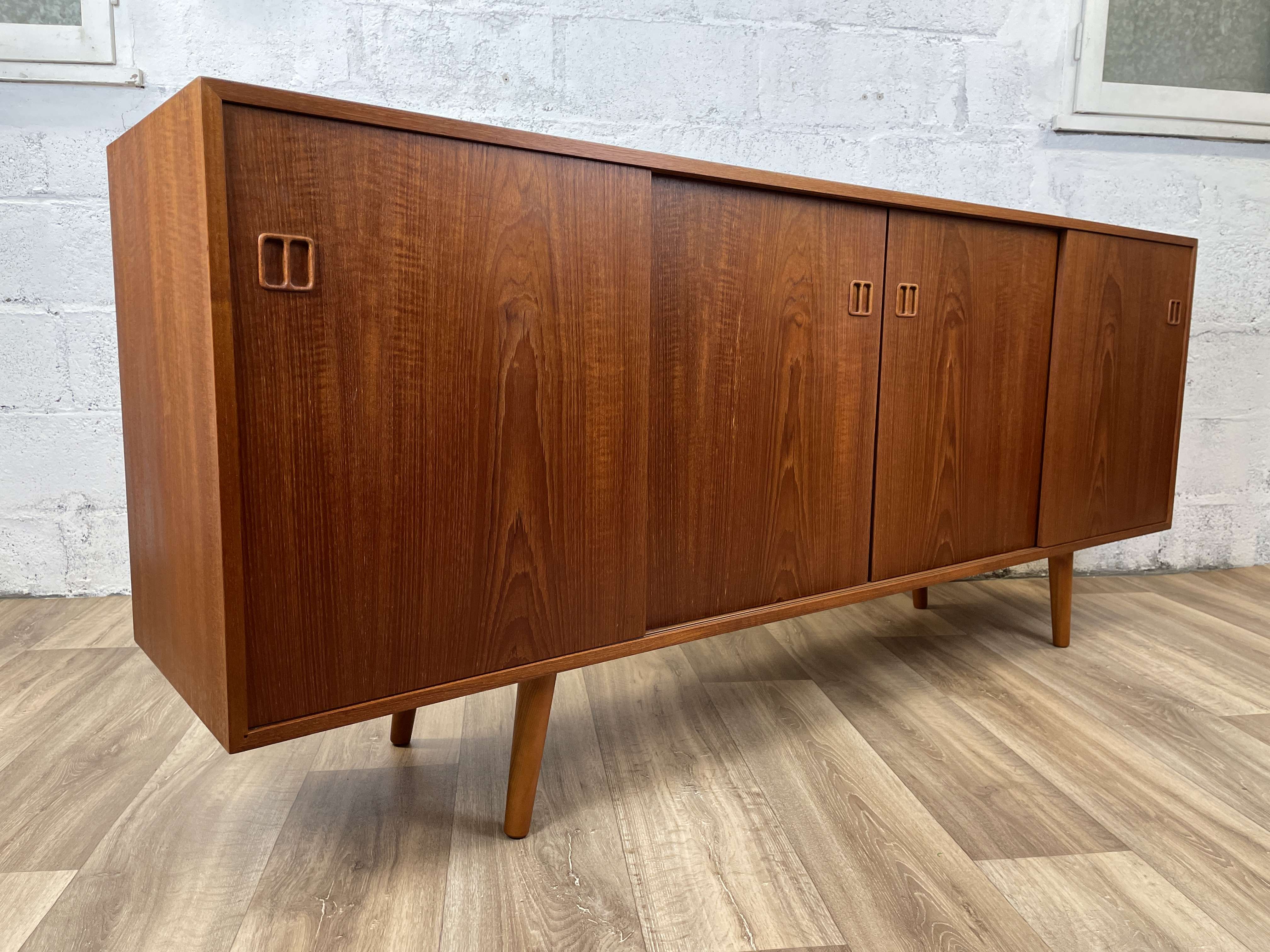 Scandinavian teak sideboard with 4 sliding doors, 60s