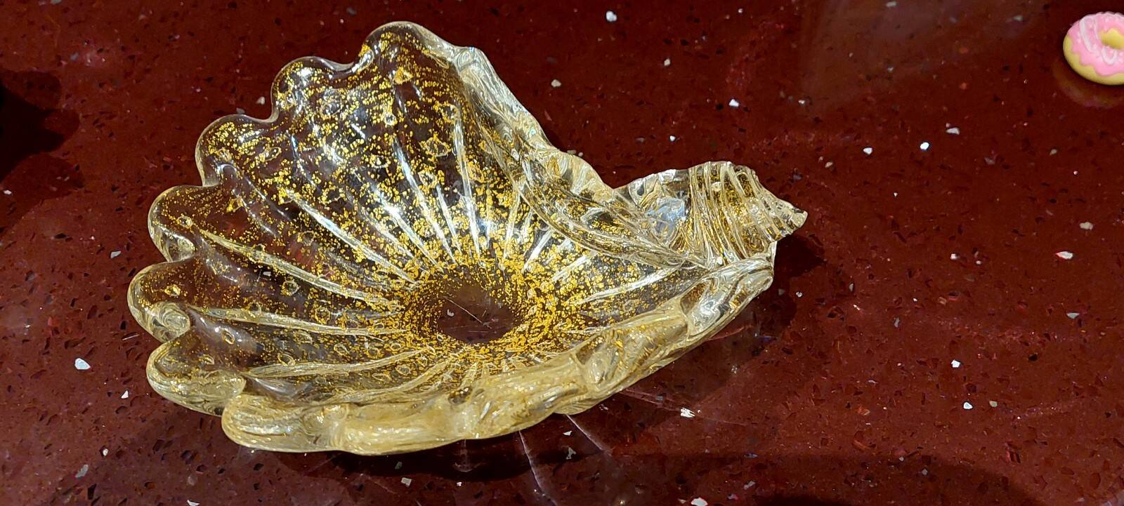Murano glass bowl with gold flecks, 1960s shell design.