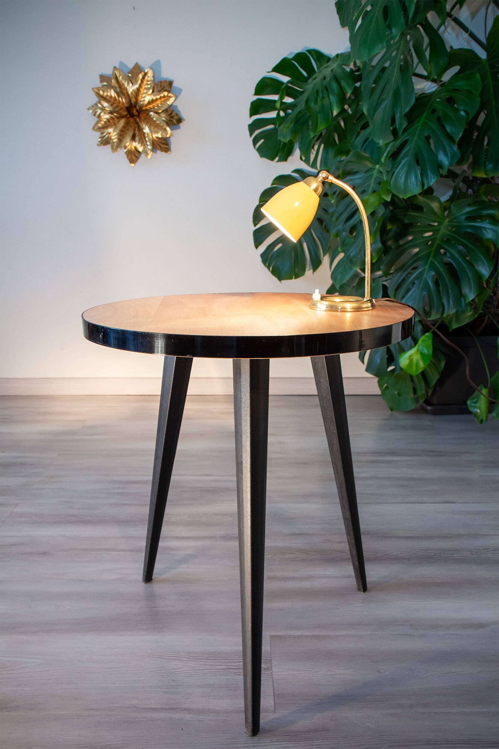 50s tripod pedestal table, side table, wood and coated metal