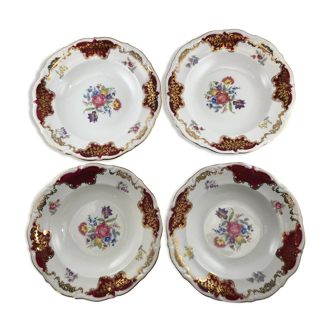4 burgundy red and gold soup plates with flower Winterling Bavaria Christmas plate