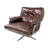 Chaise facile rembourrée avec cuir brun patiné et cadre en métal, conçu par Arne Norell