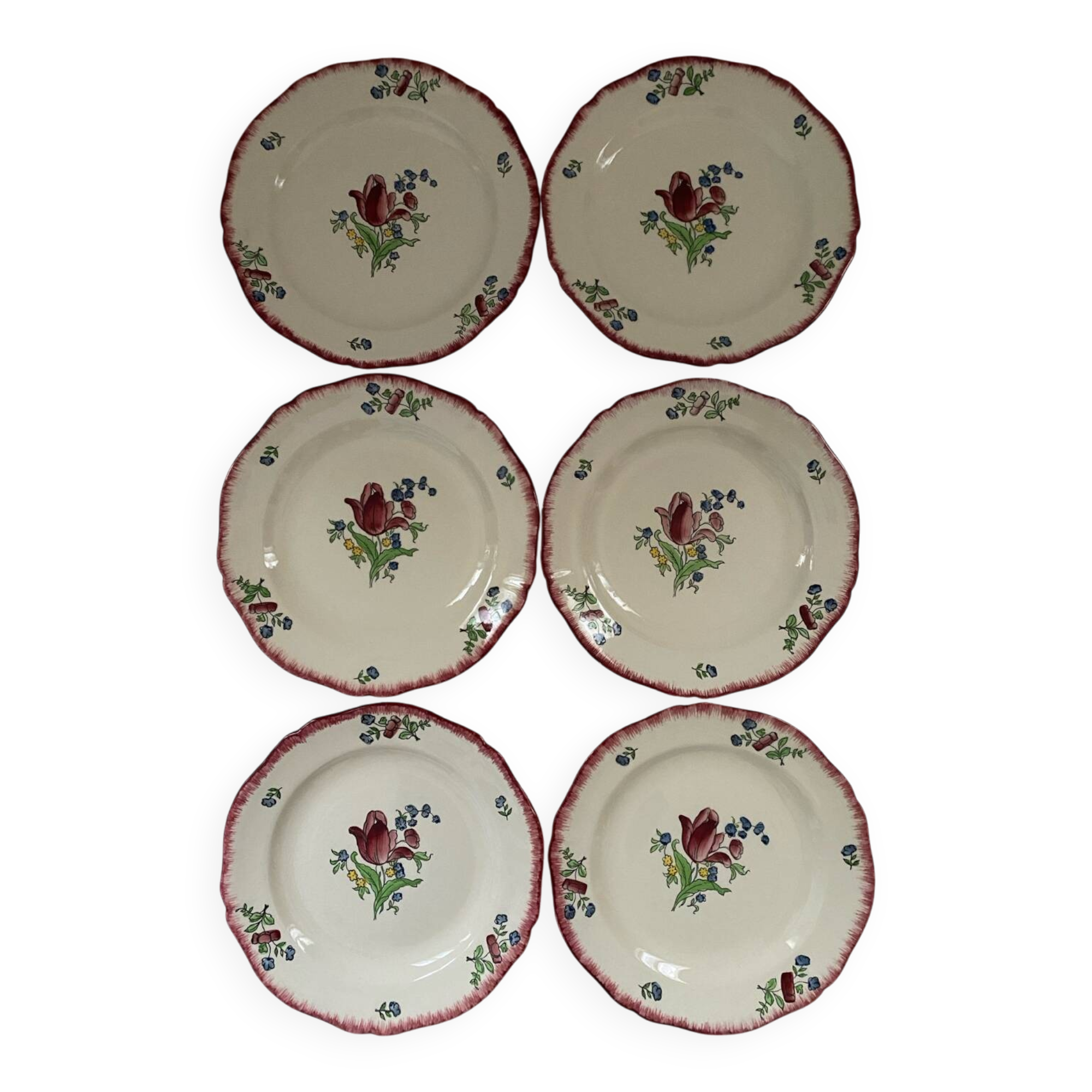 Service 6 assiettes plates gien lorraine fleurs peintes à la main