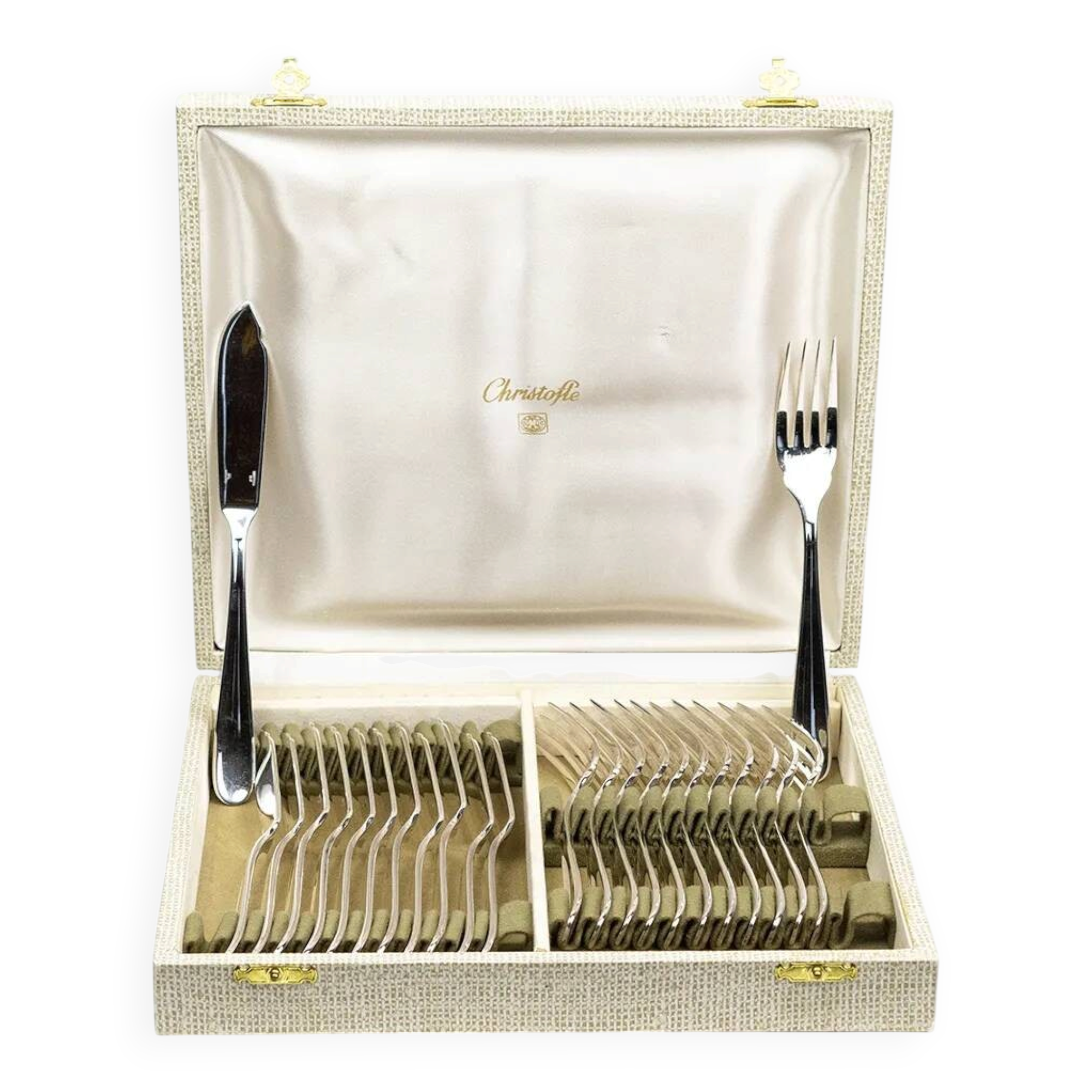 Christofle fish service for 12 — silver-plated metal, OC hallmarks, box