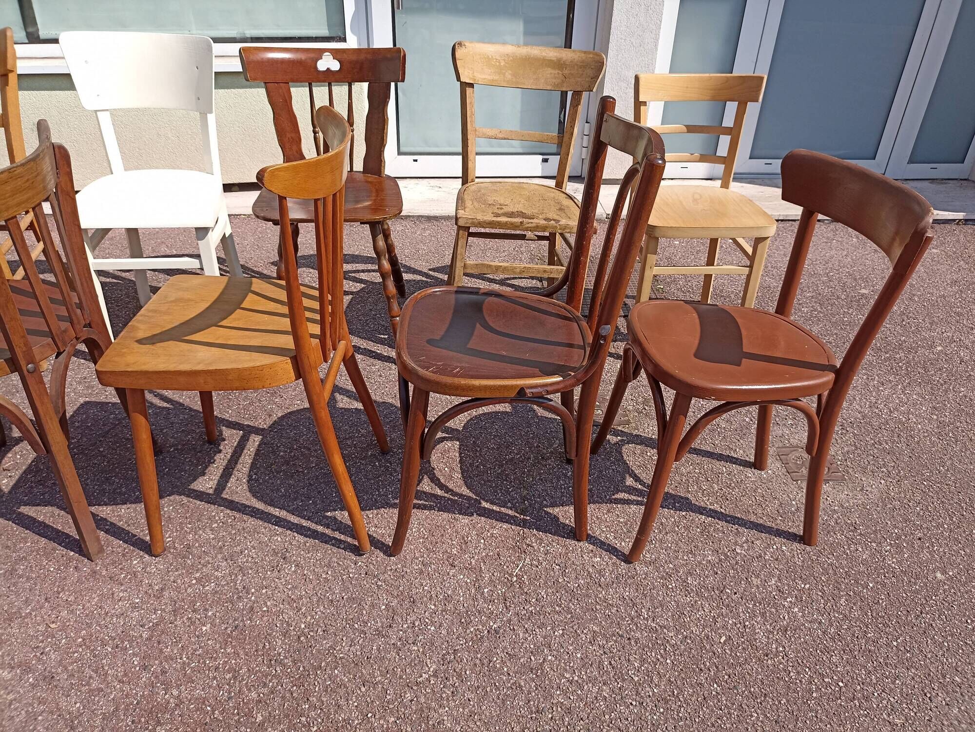 Set of 18 mismatched wooden bistro chairs - vintage