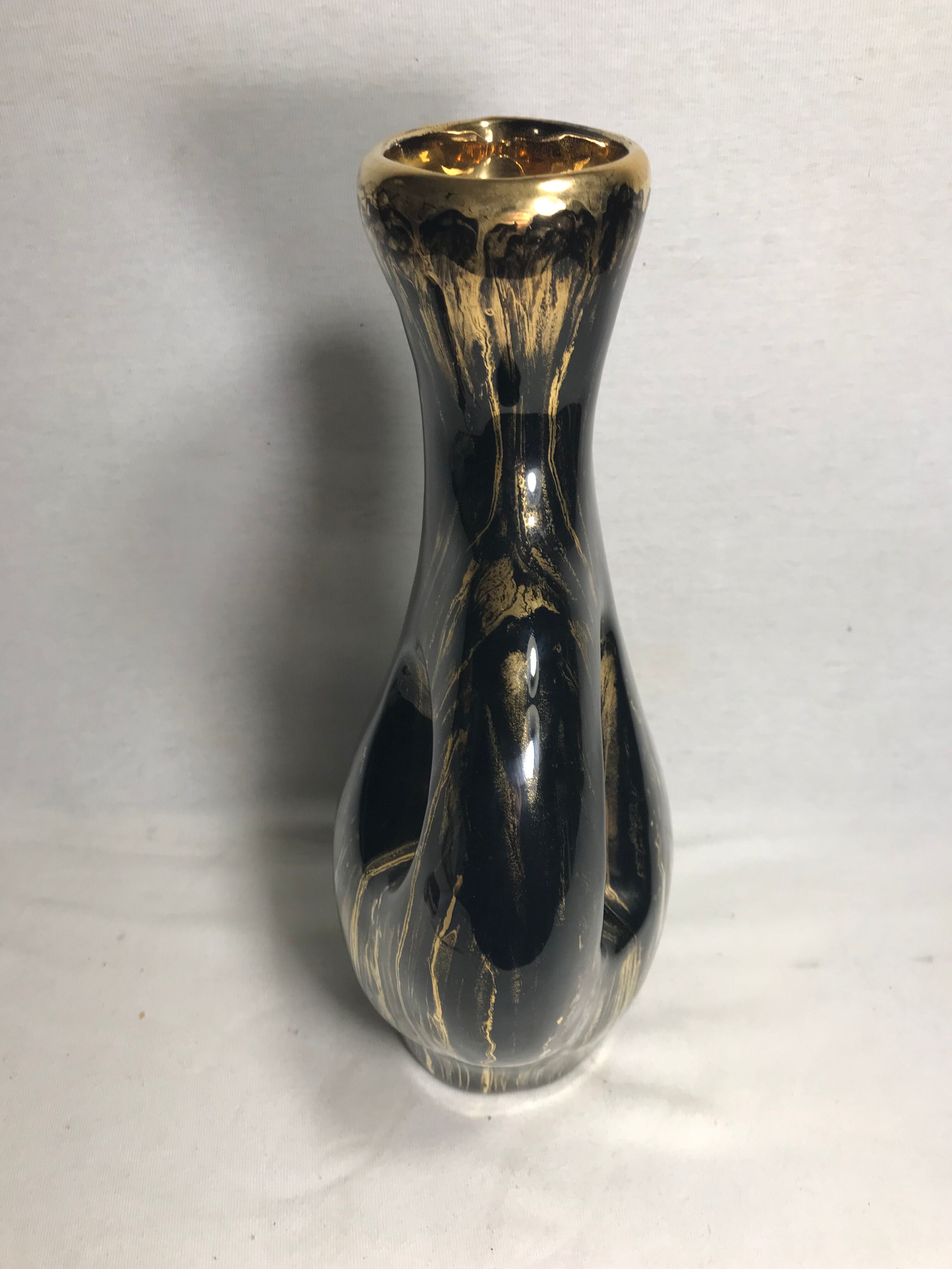 Old glazed ceramic, cove black & gold signed pitcher tess vintage