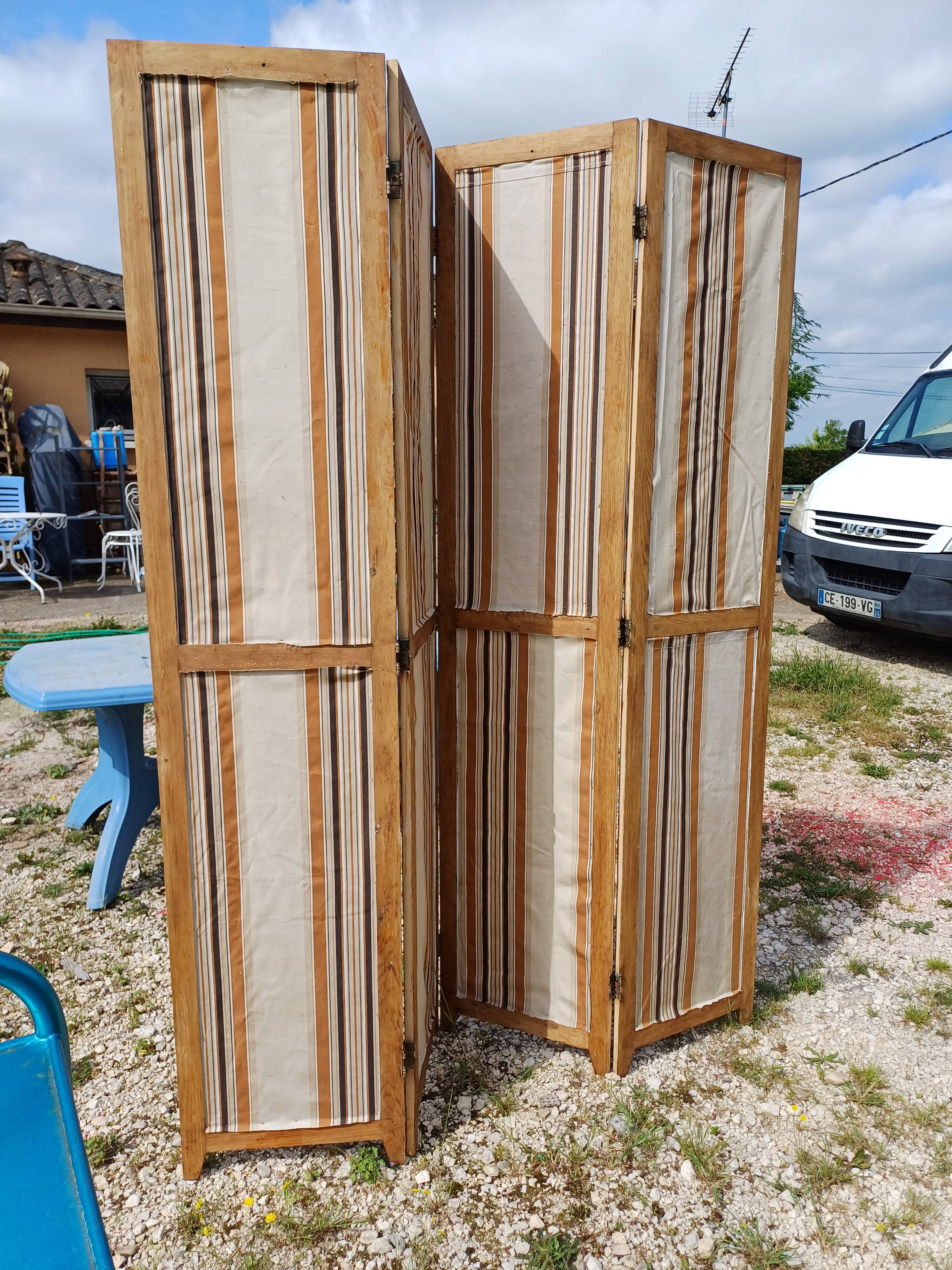 Paravent 4 Vantaux Bois et Tissus Vintage