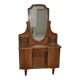 Large vintage brown wooden dressing table with an oval mirror and built-in storage.