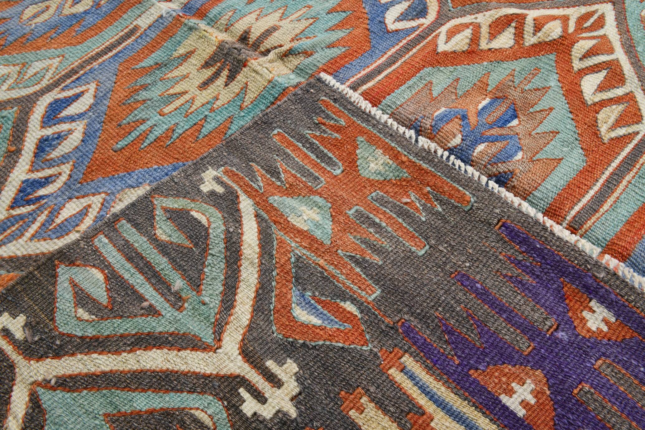 7x10 Green & Blue Geometric Pattern Kilim Rug, 222x303Cm