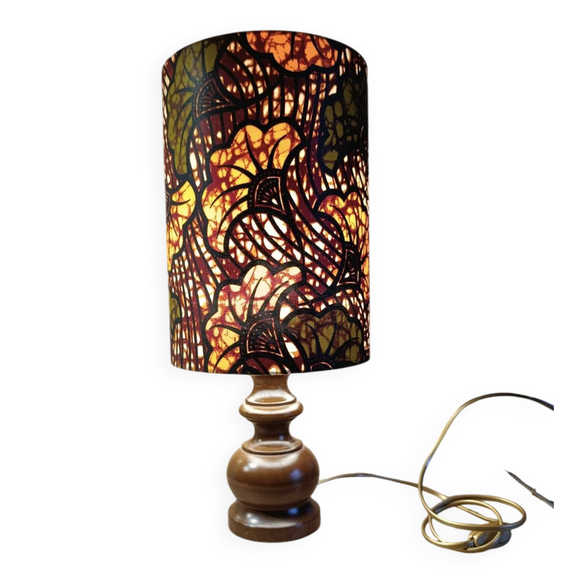 rustic chic turned wooden lamp, ethnic African wax lampshade