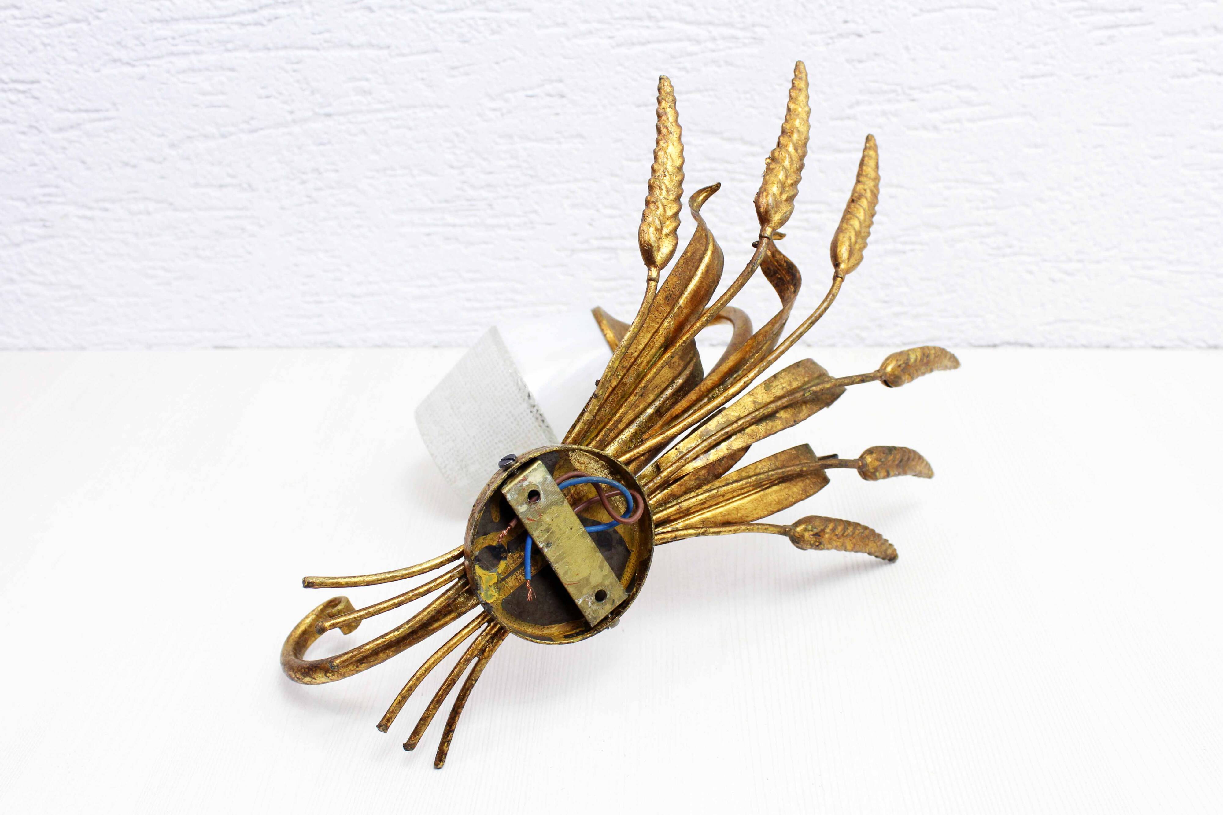 Gold leaf gilded metal wheat sheaf wall light 1950