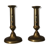 Pair of brass pusher candlesticks