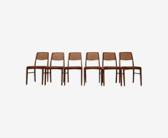 Ensemble de six chaises à manger danoises en teck et cuir beige du milieu du siècle (6)