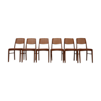 Ensemble de six chaises à manger danoises en teck et cuir beige du milieu du siècle (6)