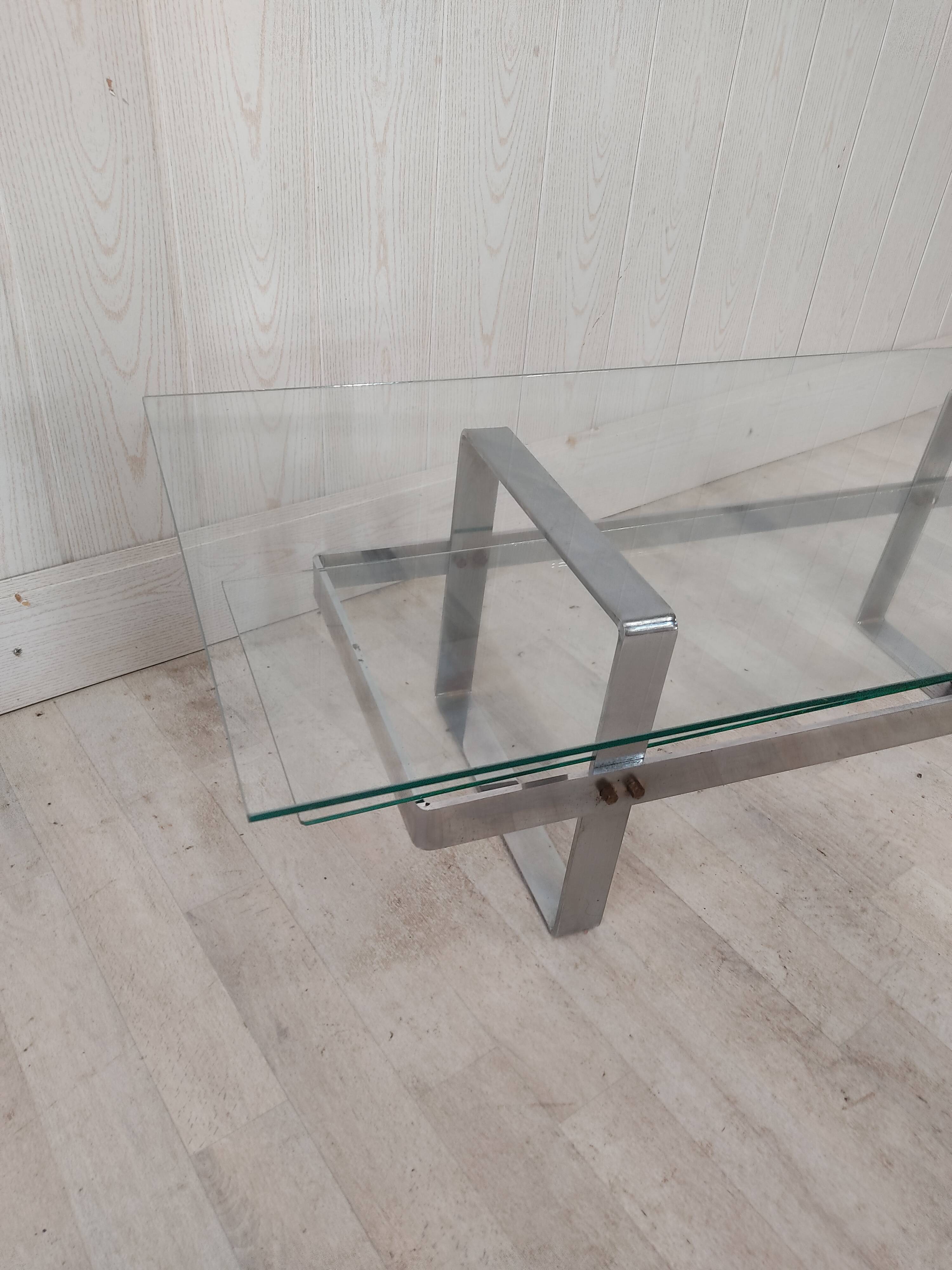 Table basse vintage acier chromé et verre